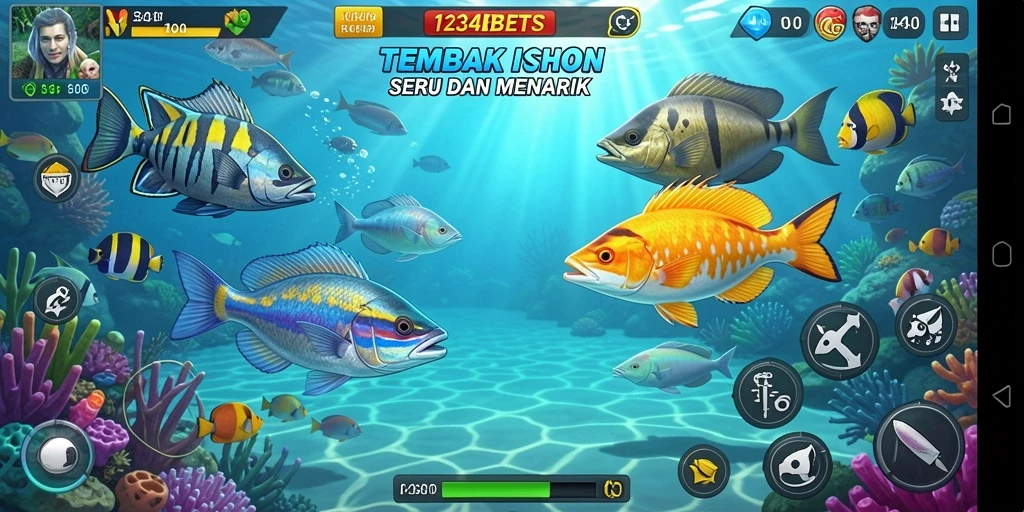 Tampilan gameplay seru menembak ikan di 1234BETS.
