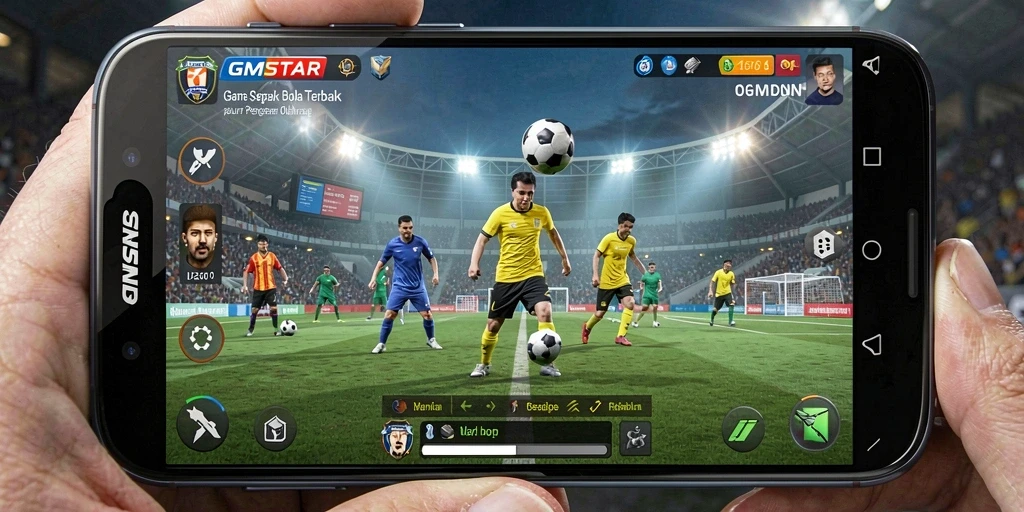 Tangkapan layar gameplay GMSTAR menampilkan aksi seru di lapangan sepak bola.