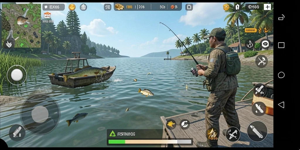 Screenshot gameplay IDX66 menampilkan aktivitas memancing yang seru.