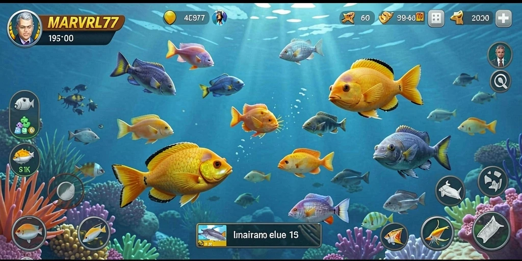 Tampilan gameplay MARVRL77 dengan aksi Tembak Ikan yang seru.