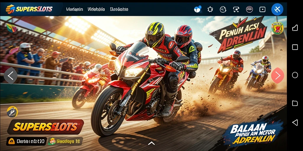 Screenshot gameplay <strong>SUPERSLOTS</strong> menunjukkan aksi balapan motor yang seru.